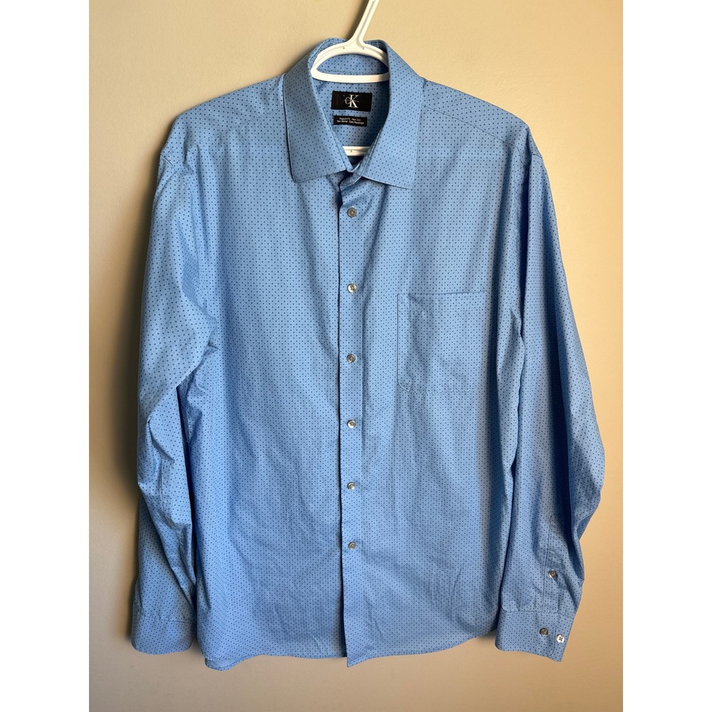 Calvin Klein Mens Blue Geometric Dress Shirt 16.5 L Office Professional Classic